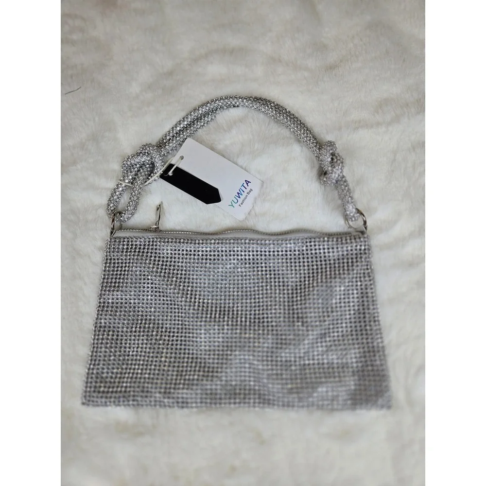 Yuwita Silver Rhinestone Mesh Evening Bag Knotted Handle Crystal Clutch New Glam